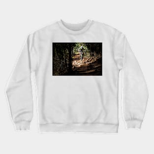 Mountain Biker getting air on a dark single track Crewneck Sweatshirt